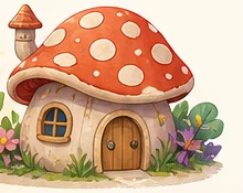 A storybook illustration of a mushroom cottage