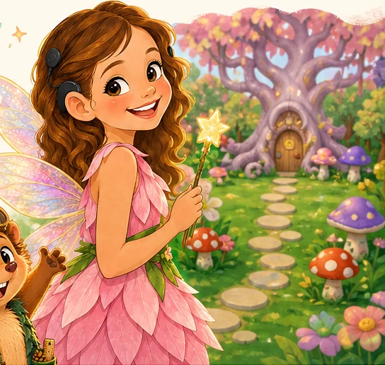 A smiling fairy with cochlear implants, pink petal dress, and shimmering wings in a colorful forest