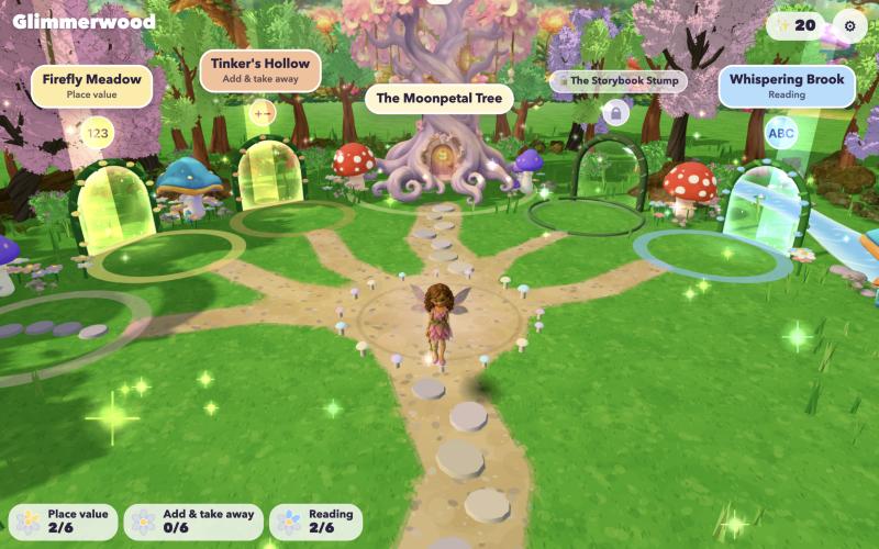 A fairy in Glimmerwood’s colorful clearing, with glowing glade doorways and the Moonpetal Tree