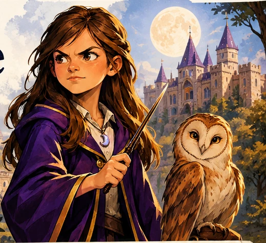 The apprentice and Nox the owl in front of a moonlit castle