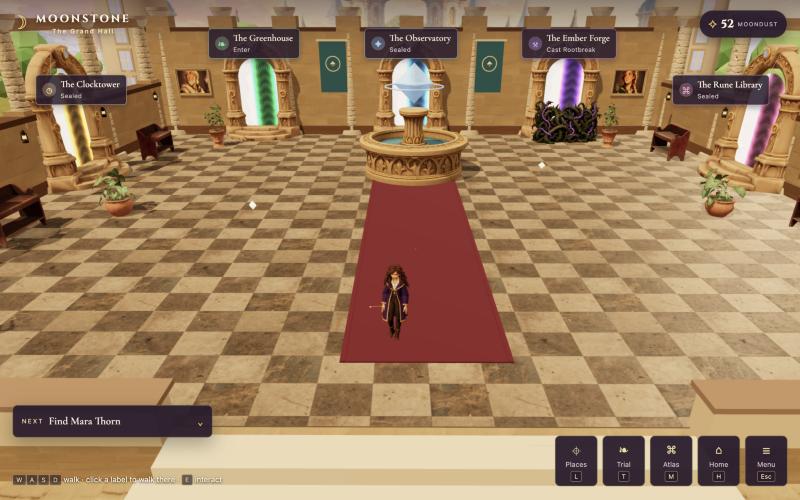 The apprentice in Moonstone’s Grand Hall, with glowing portals around a fountain